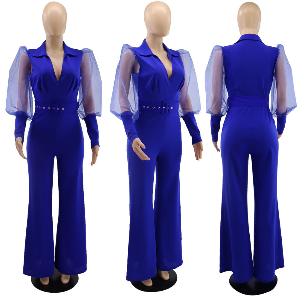 V-neck Mesh Puff Sleeve Special Women Clothing Loose Flared Jumpsuit