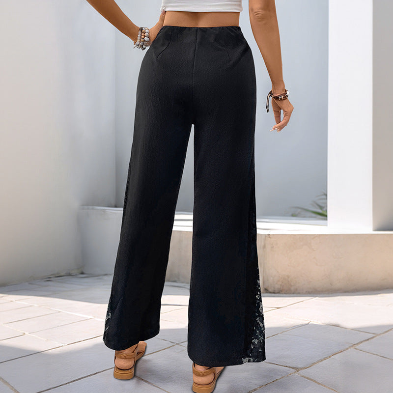 Elegant Lightly Mature Side Lace Stitching Black High Waist Wide Leg Pants