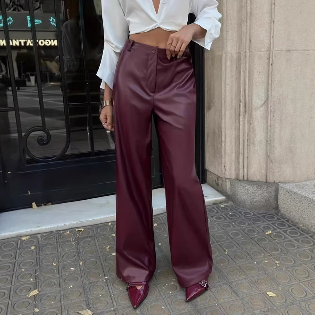 Leather Wide Leg Pants Women High Sense High Waist Suit Leather Pants Slimming Casual Pants