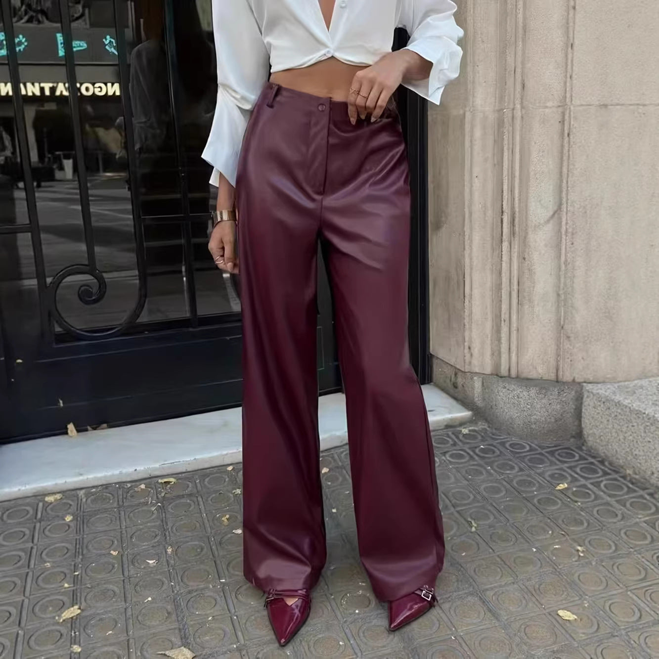 Leather Wide Leg Pants Women High Sense High Waist Suit Leather Pants Slimming Casual Pants