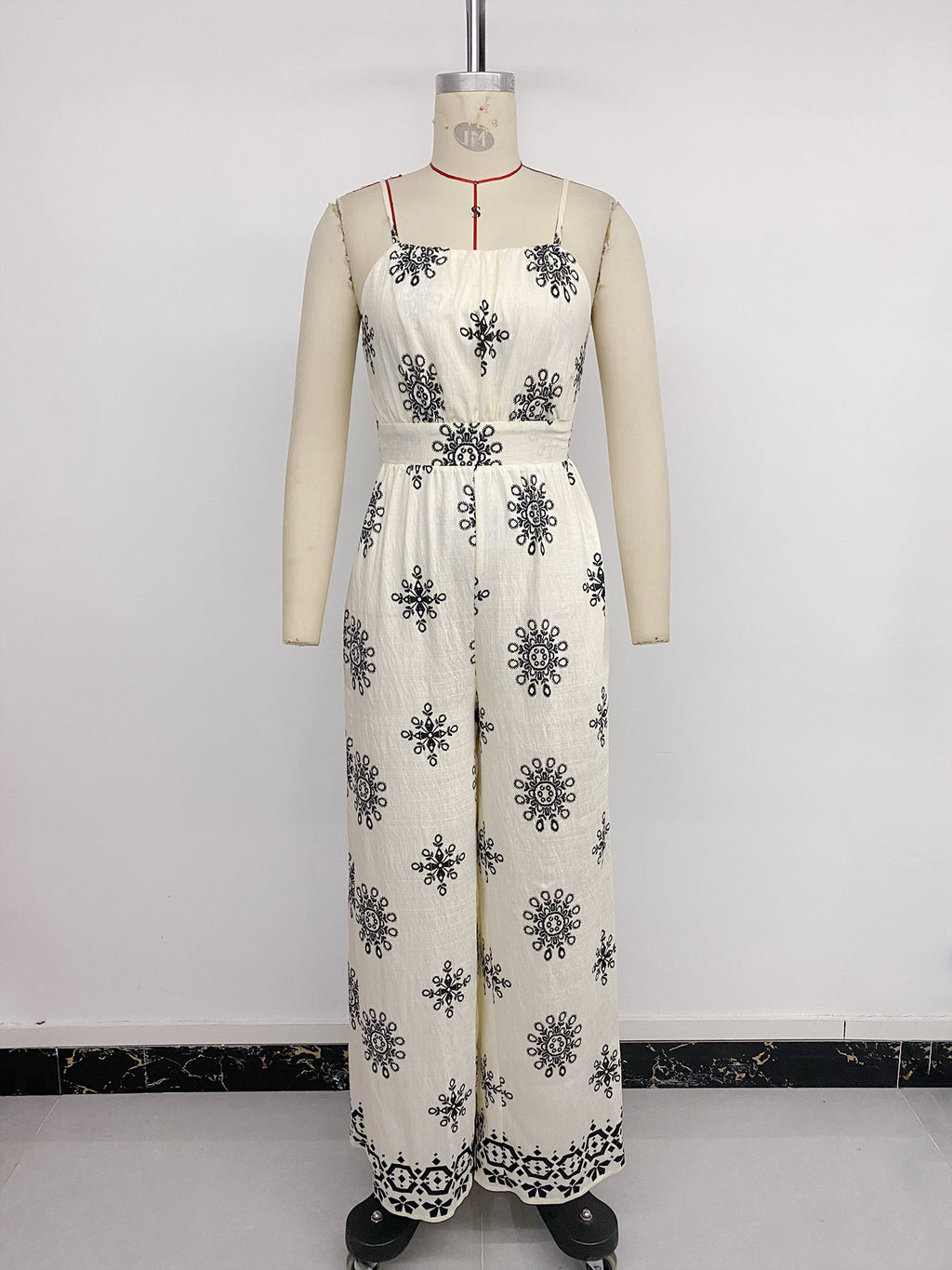 Summer Ethnic Vacation Spaghetti Strap Floral Print Fitted Waist Jumpsuit
