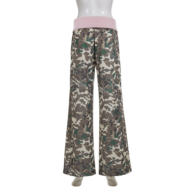 Retro Casual Camouflage Waist Contrast Color Trousers Women Street Sweet Spicy Loose Draggle Tail Straight Trousers