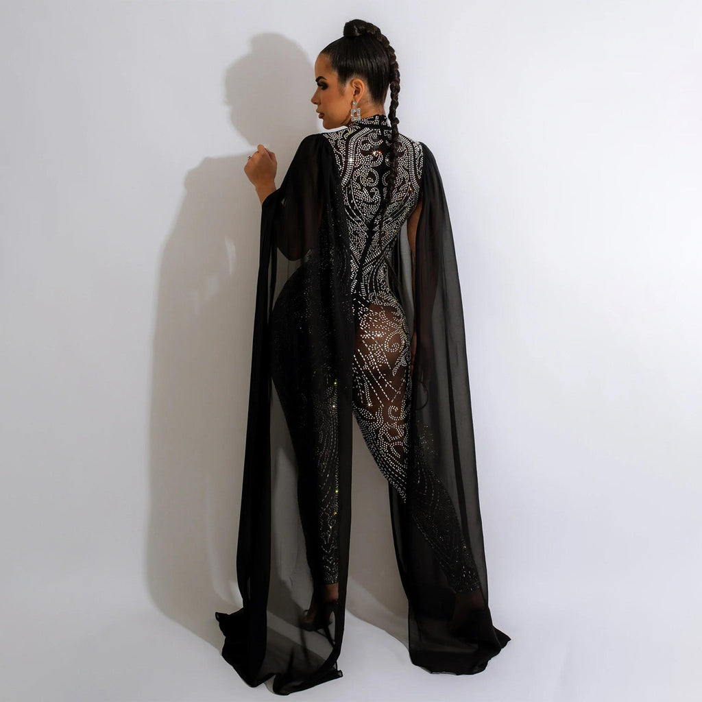 Autumn Winter Women Clothing Sexy Mesh Rhinestone See through Nightclub Jumpsuit Women