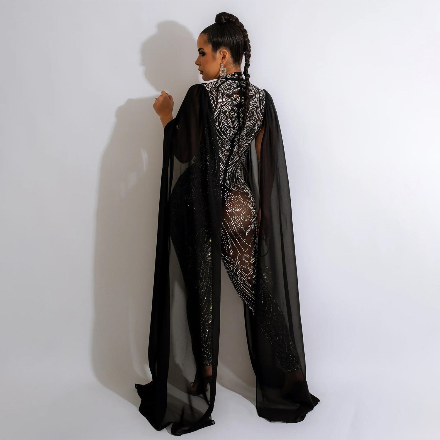 Autumn Winter Women Clothing Sexy Mesh Rhinestone See through Nightclub Jumpsuit Women