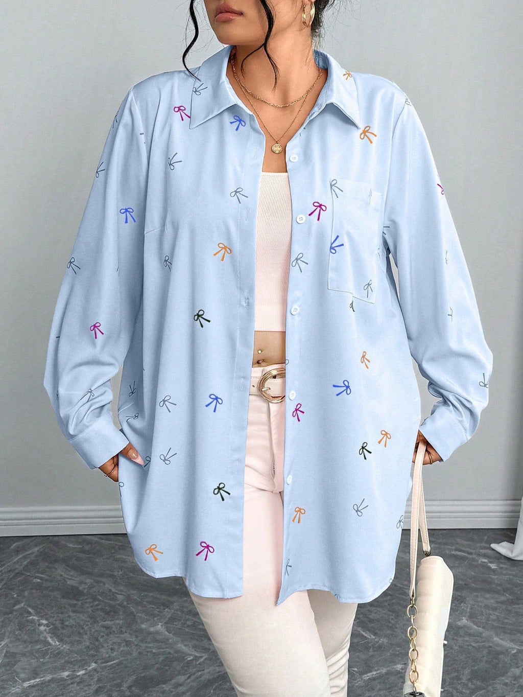Plus Size Arrival Women Shacket Bow Print Long Sleeve Casual Shirt Autumn Loose