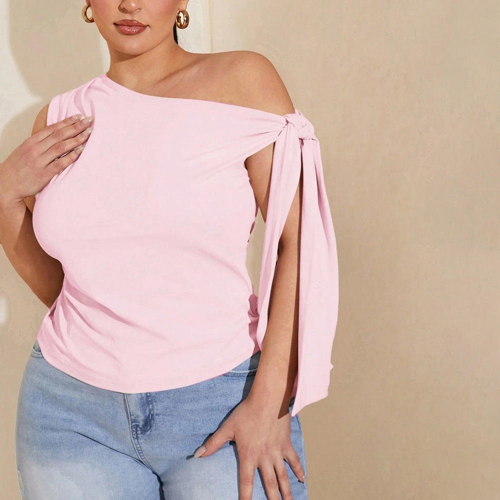 Plus Size Pink Sweet Shoulder Lace up Sexy Top