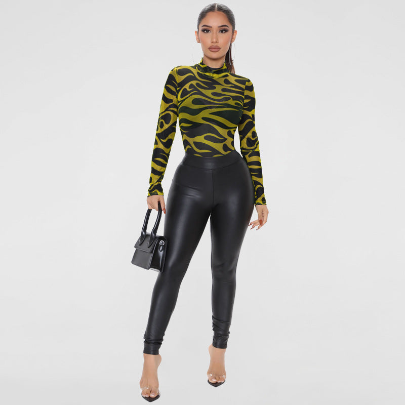 Plus Size Spring Women Clothing Long Sleeve Printing Dyeing Sexy Tight Breasted Jumpsuit