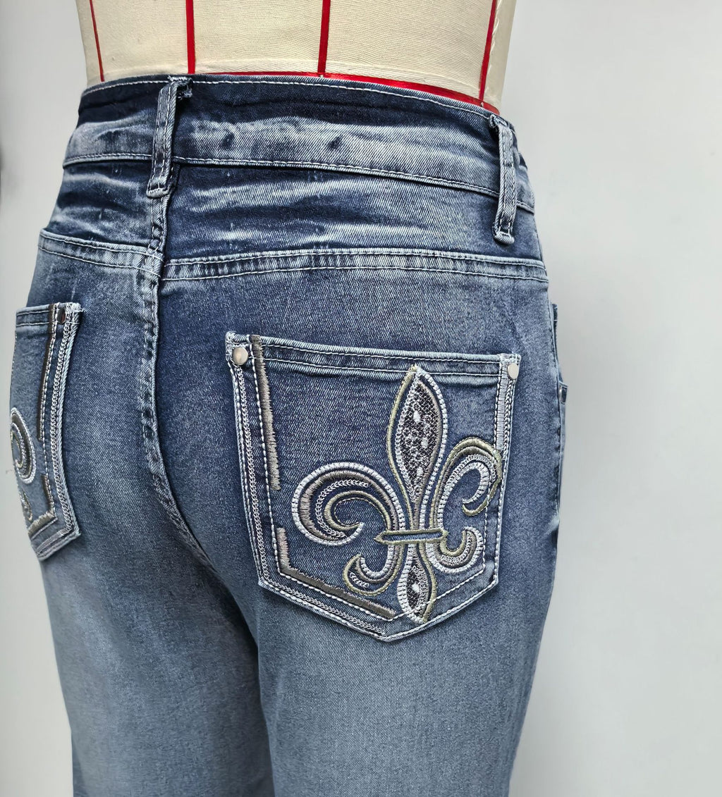 Spring Summer Back Pocket Embroidered Jeans Double Button Slimming Stretch Denim Trousers