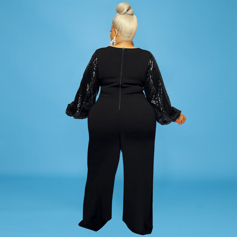 Plus Size Women Clothes Winter New Sequin Sleeve round Neck Jumpsuit New