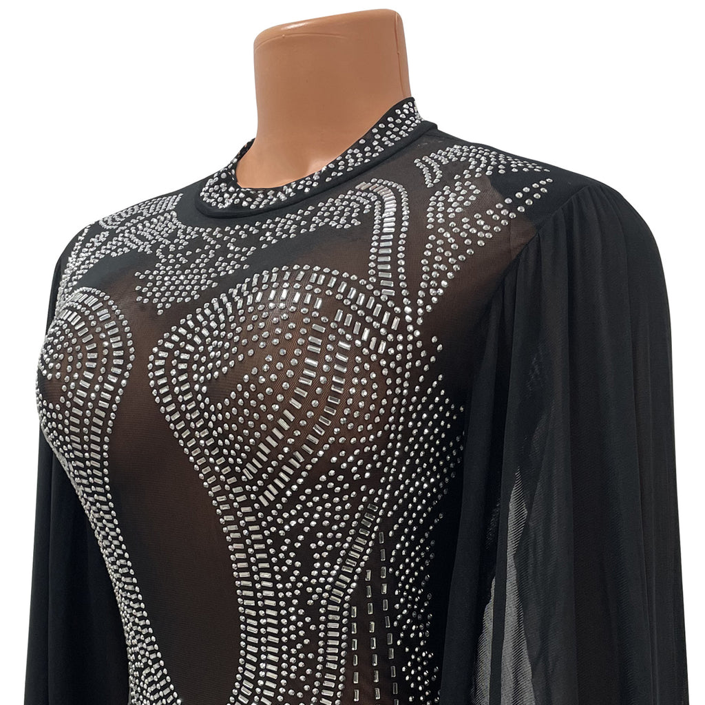 Autumn Winter Women Clothing Sexy Mesh Rhinestone See through Nightclub Jumpsuit Women