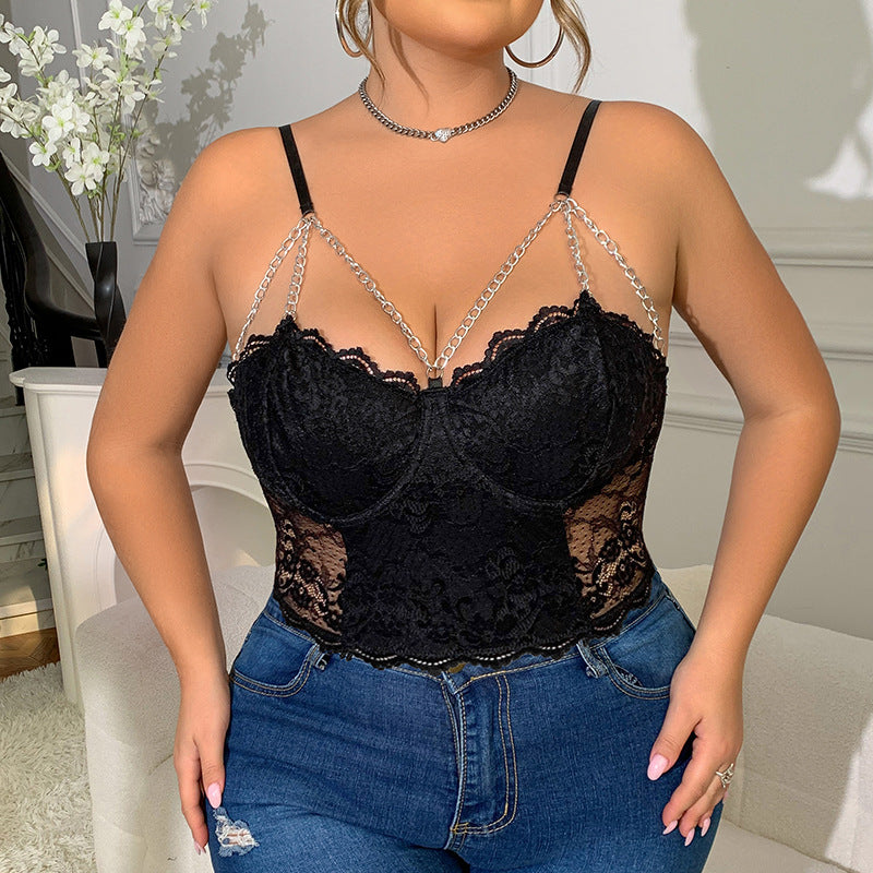 Plus Size Girl Lace Hollow Out Cutout Sexy Steel Ring Chain Short Sexy Sling Vest Plump Girls