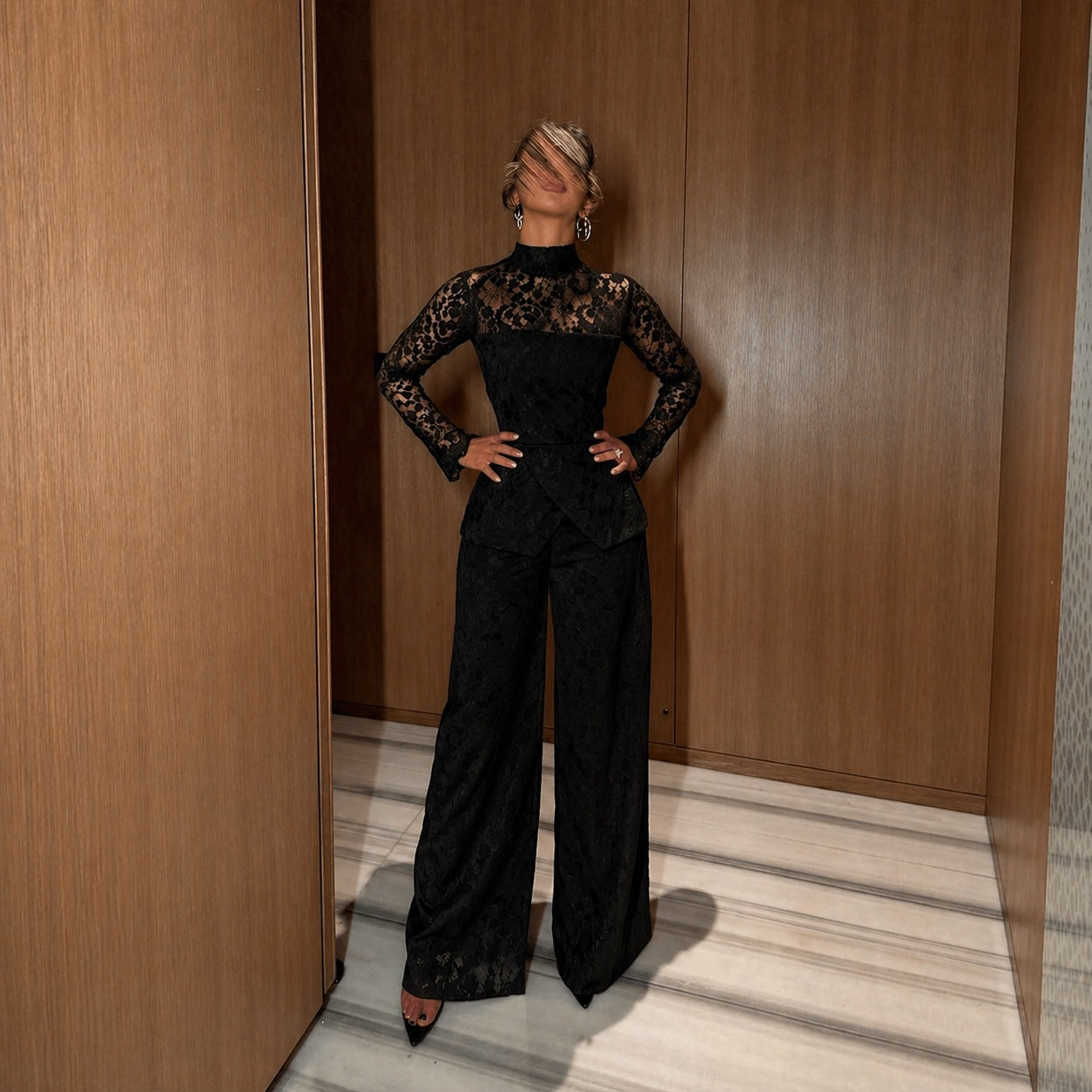 Spring Summer French Sexy Lace Patchwork Turtleneck Long Sleeve Jumpsuit