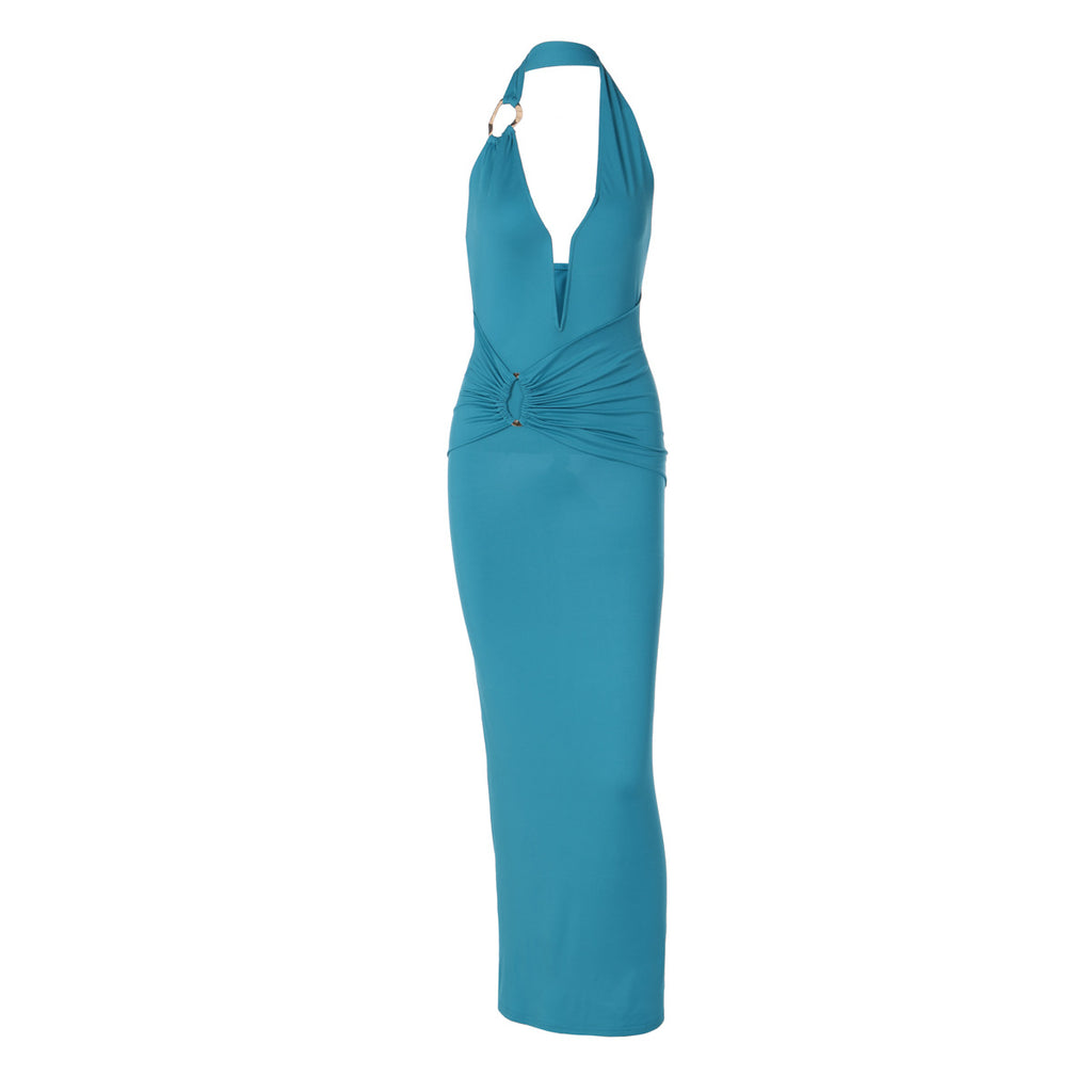 Herrera Sexy V neck Stitching Steel Ring Halter Slim Fit Pleated Patch Maxi Dress
