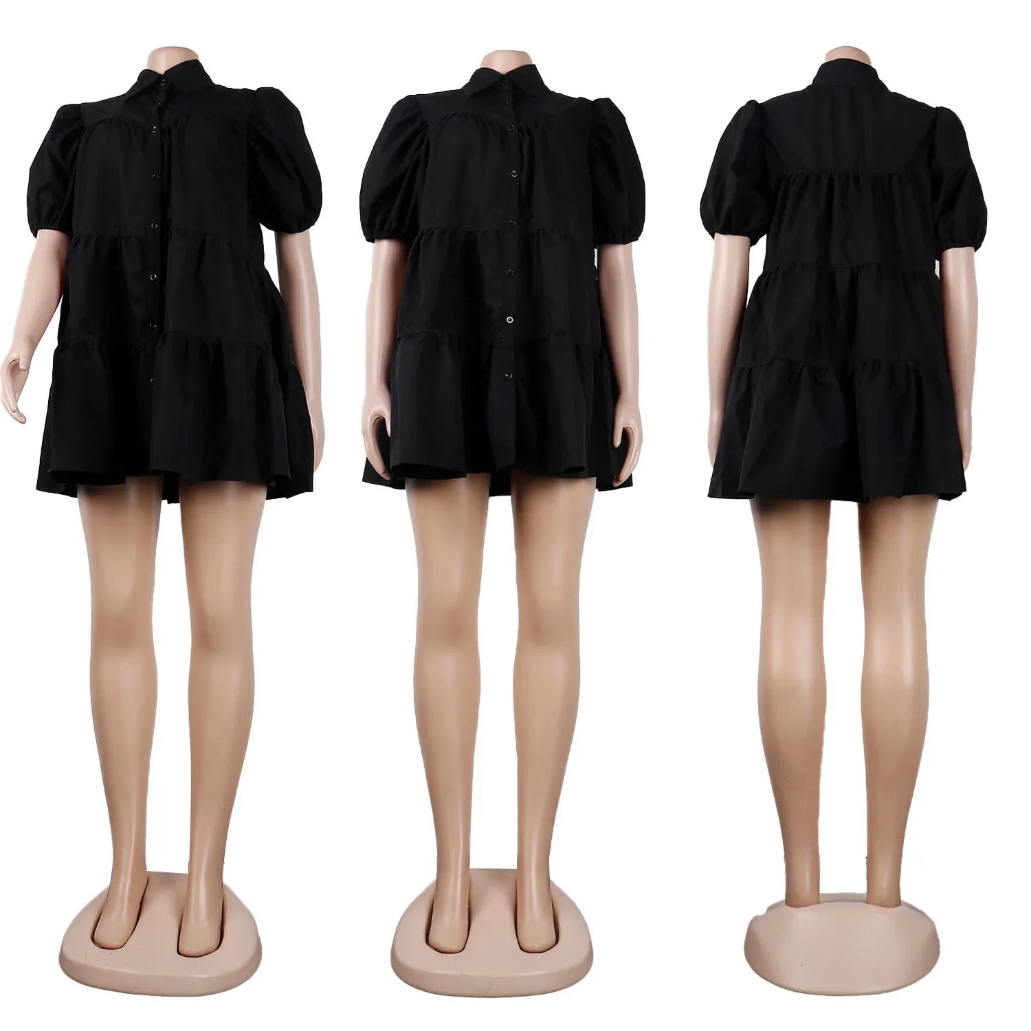 Secaucus Puff Sleeve Single Breasted Lapel Collar Babydoll Street White Big Swing Dress