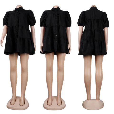 Secaucus Puff Sleeve Single Breasted Lapel Collar Babydoll Street White Big Swing Dress