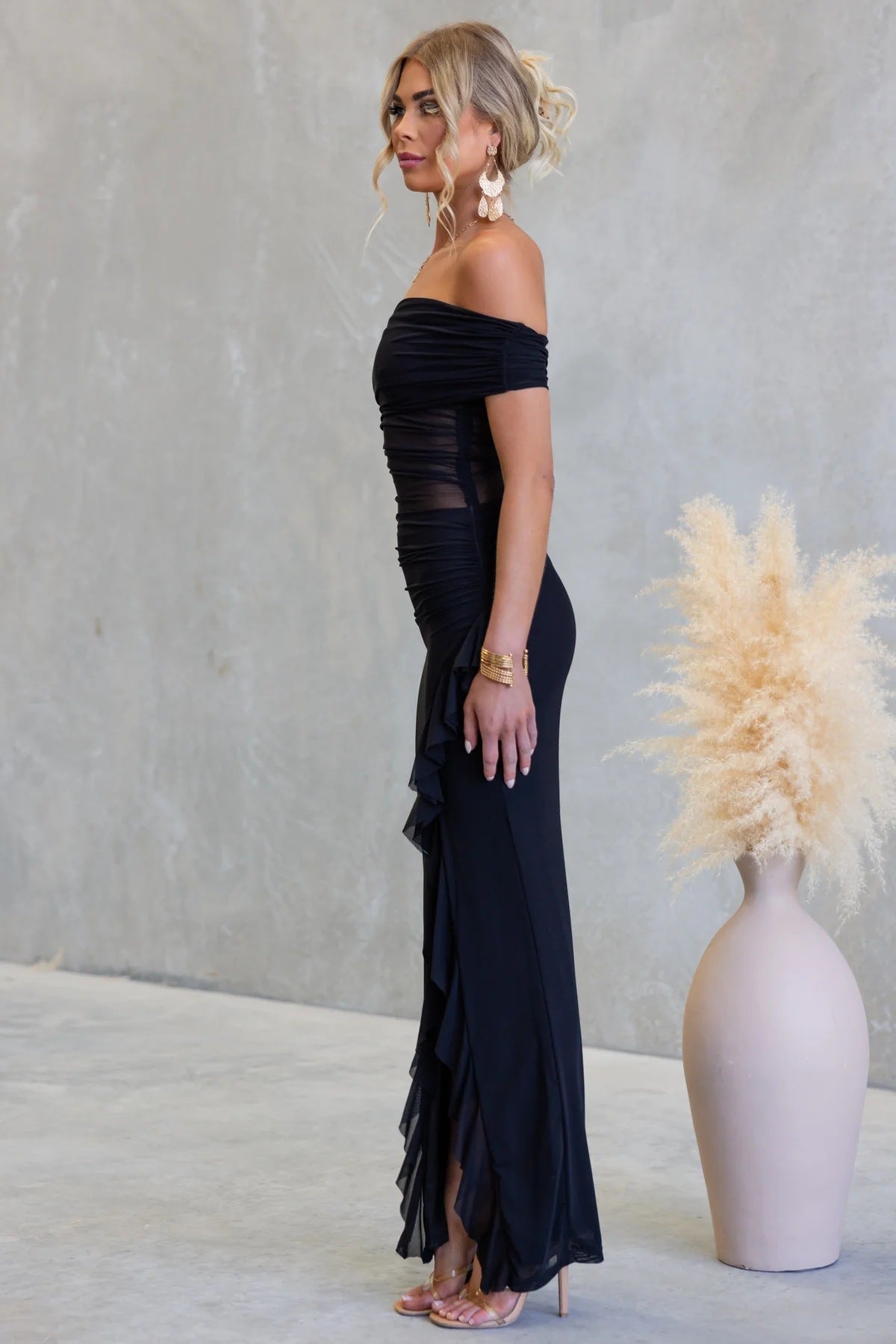 Dubai Split Ruffled Solid Color Hollow Out Cutout Mesh Sheath Dress