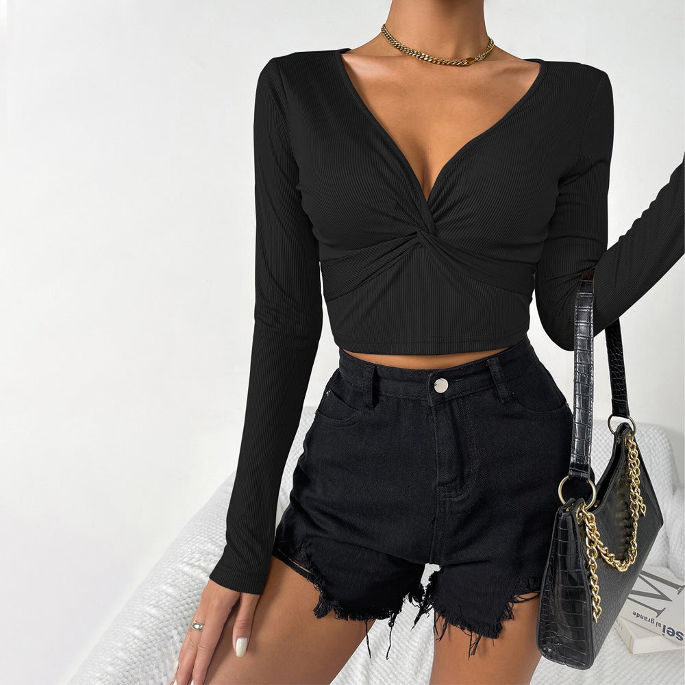 V Neck Long Sleeved Autumn Simple Slim Women