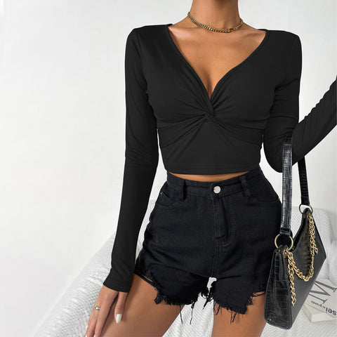 V Neck Long Sleeved Autumn Simple Slim Women