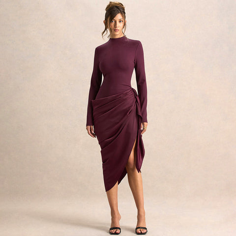 Washington Elegant Solid Color Waist Tight Irregular Asymmetric Mid Length Dress