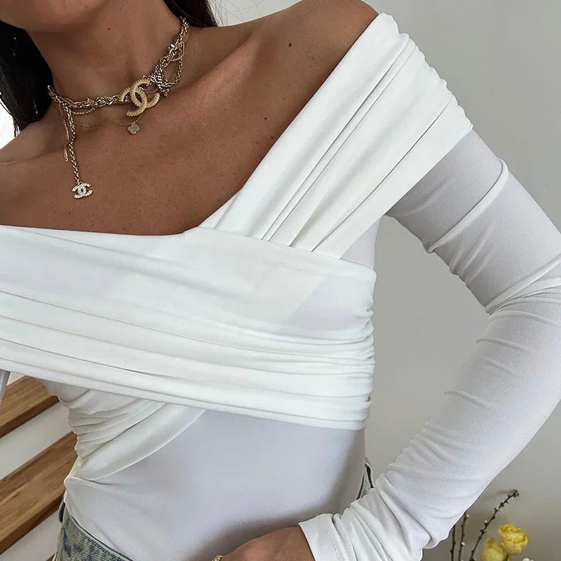 Co-op City Sexy off the Shoulder Long Sleeve Cross Pleated Slim High Waist Top