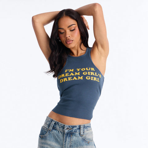 Women Solid  Letters Printing Thread Sleeveless Vest