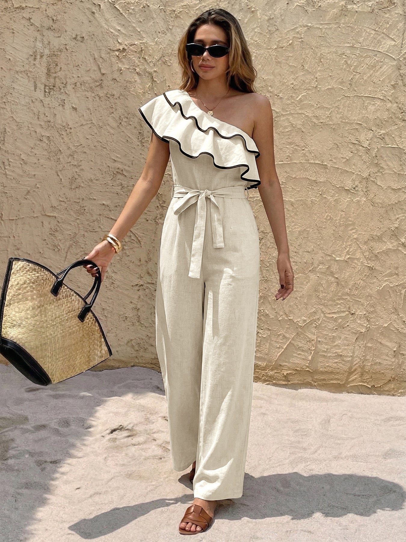 Minimalist Vacation Apricot One Shoulder Ruffled Fitted Waist Jumpsuit