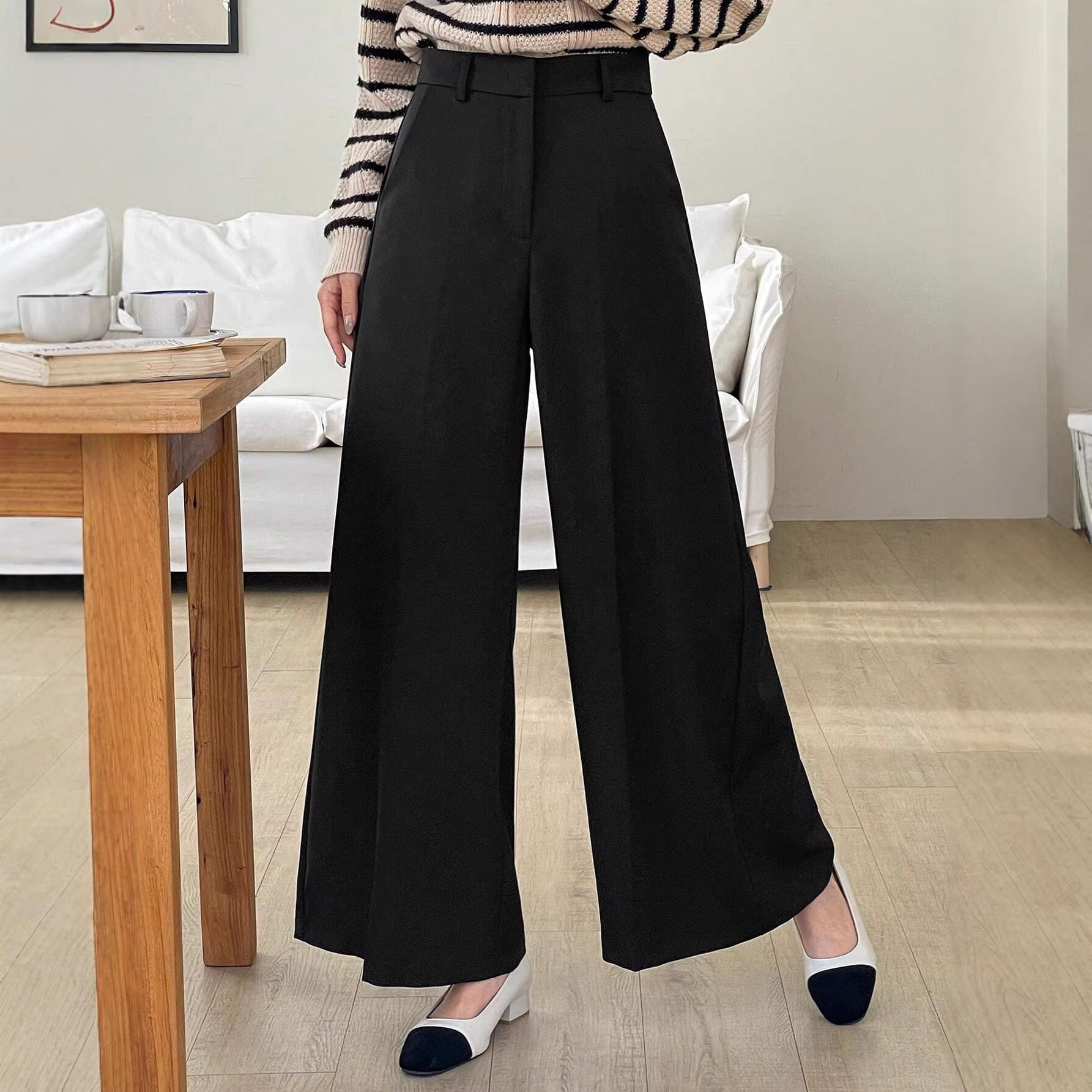 Straight High Waist Casual Women Work Pant Draping Small Wide Leg Design Maillard Black Pants