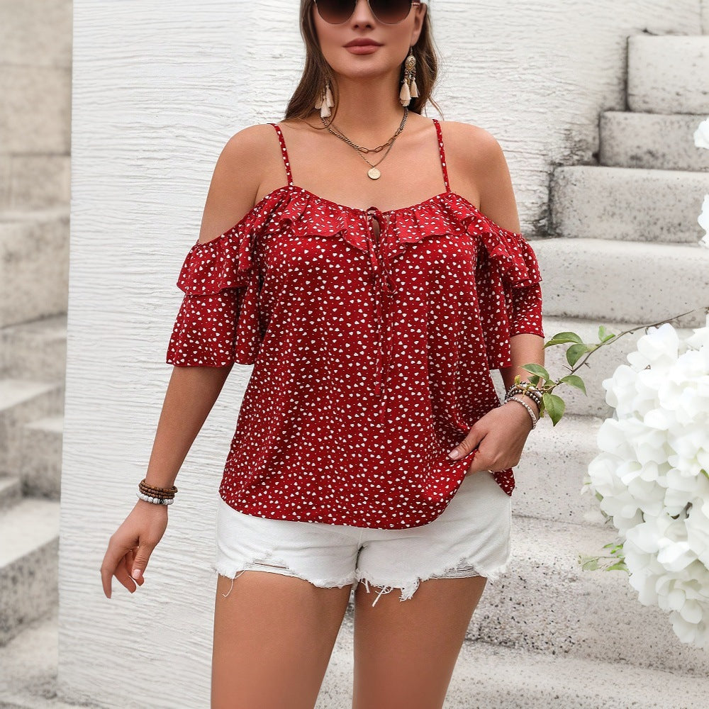 Plus Size Women Clothing Age Reducing Sweet T shirt Summer Slim Fit Slimming Polka Dot Brace Top