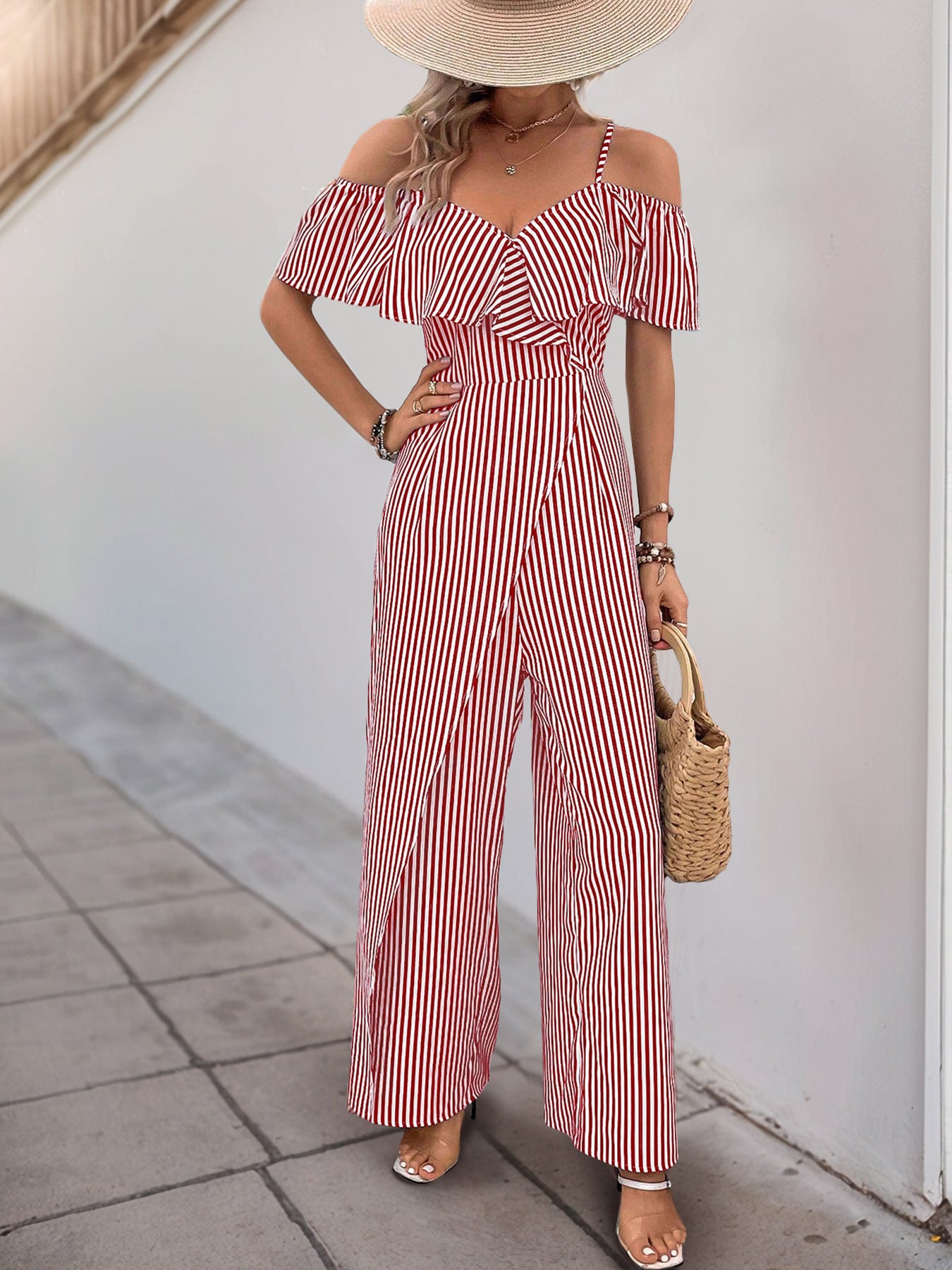 Pants Summer Striped Spaghetti Straps Wide Leg Jumpsuit Women