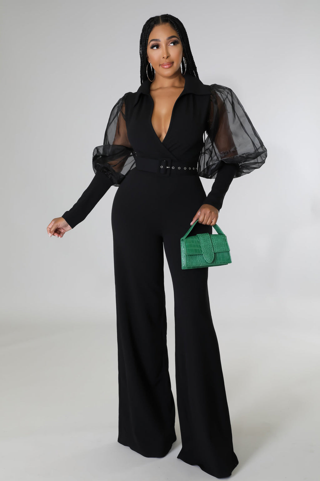 V-neck Mesh Puff Sleeve Special Women Clothing Loose Flared Jumpsuit