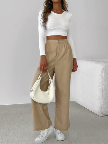 All Matching Casual Simplicity Basic Corduroy High Waist Solid Color Wide Leg Pants