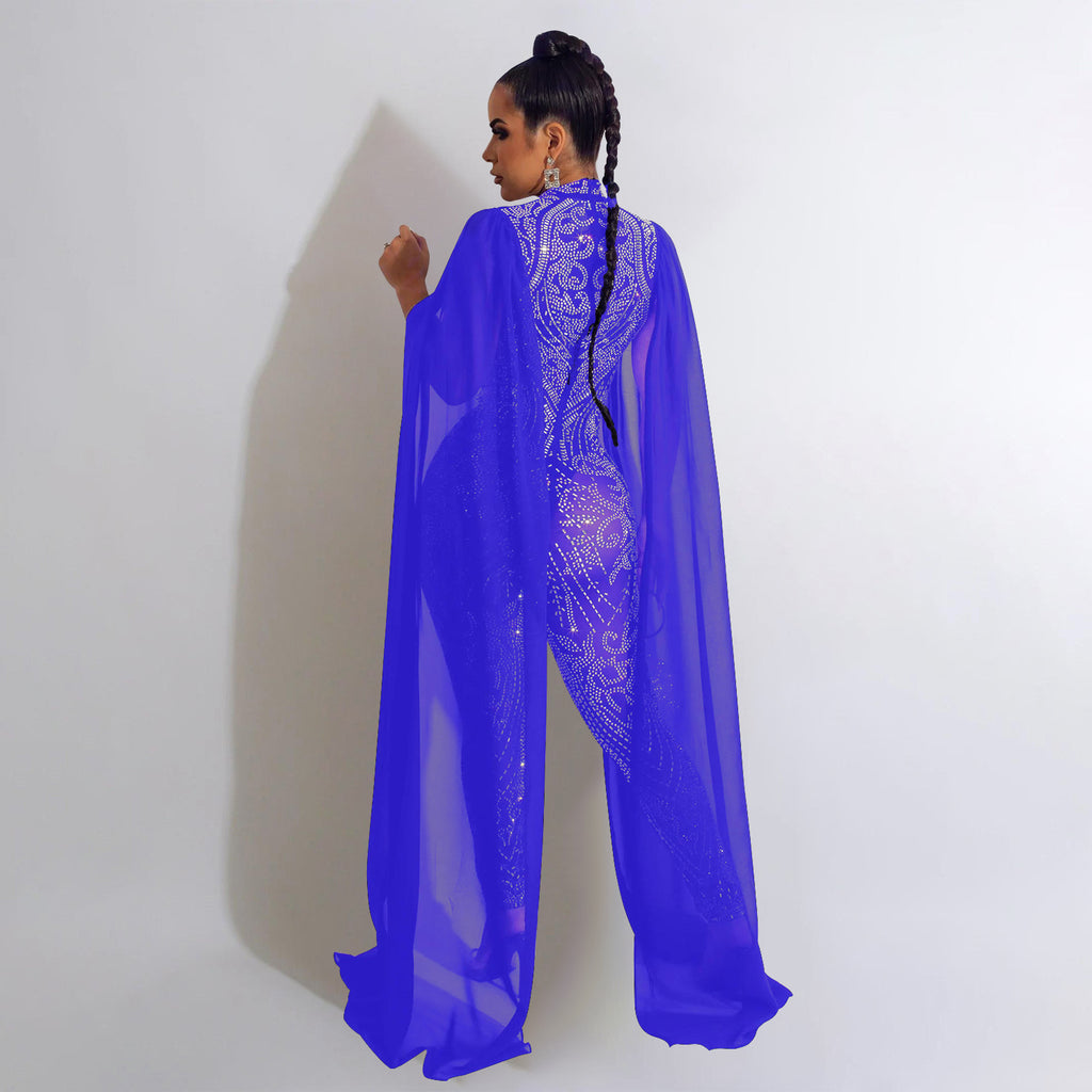 Autumn Winter Women Clothing Sexy Mesh Rhinestone See through Nightclub Jumpsuit Women