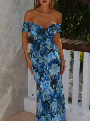 Herrera Sexy Printed Ruffled Spaghetti Straps Slim Slimming Dress