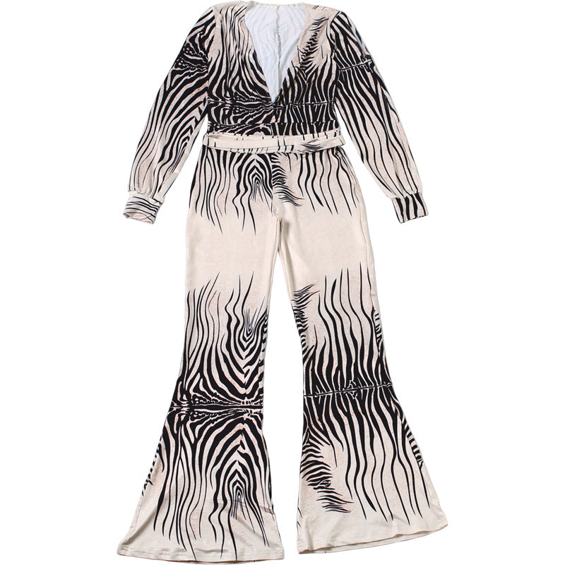 Sexy Deep V Plunge off-Shoulder Top High Waist Bootcut Pants Jumpsuit