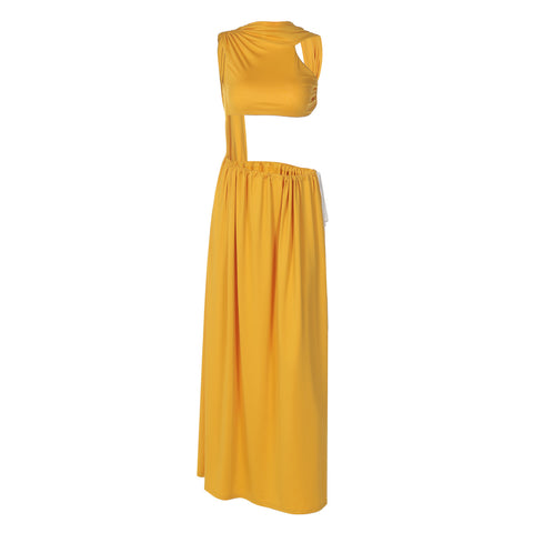Nashville Solid Color Hollow Out Cutout Stitching Cropped Side Tied Maxi Dress