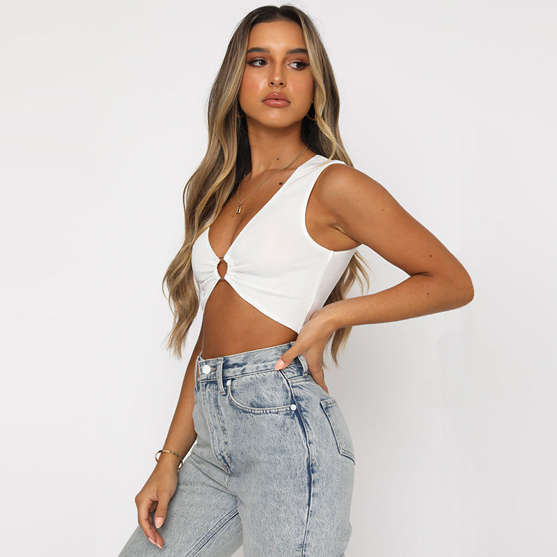 Women Solid Tight Hollow-out  V-neck
