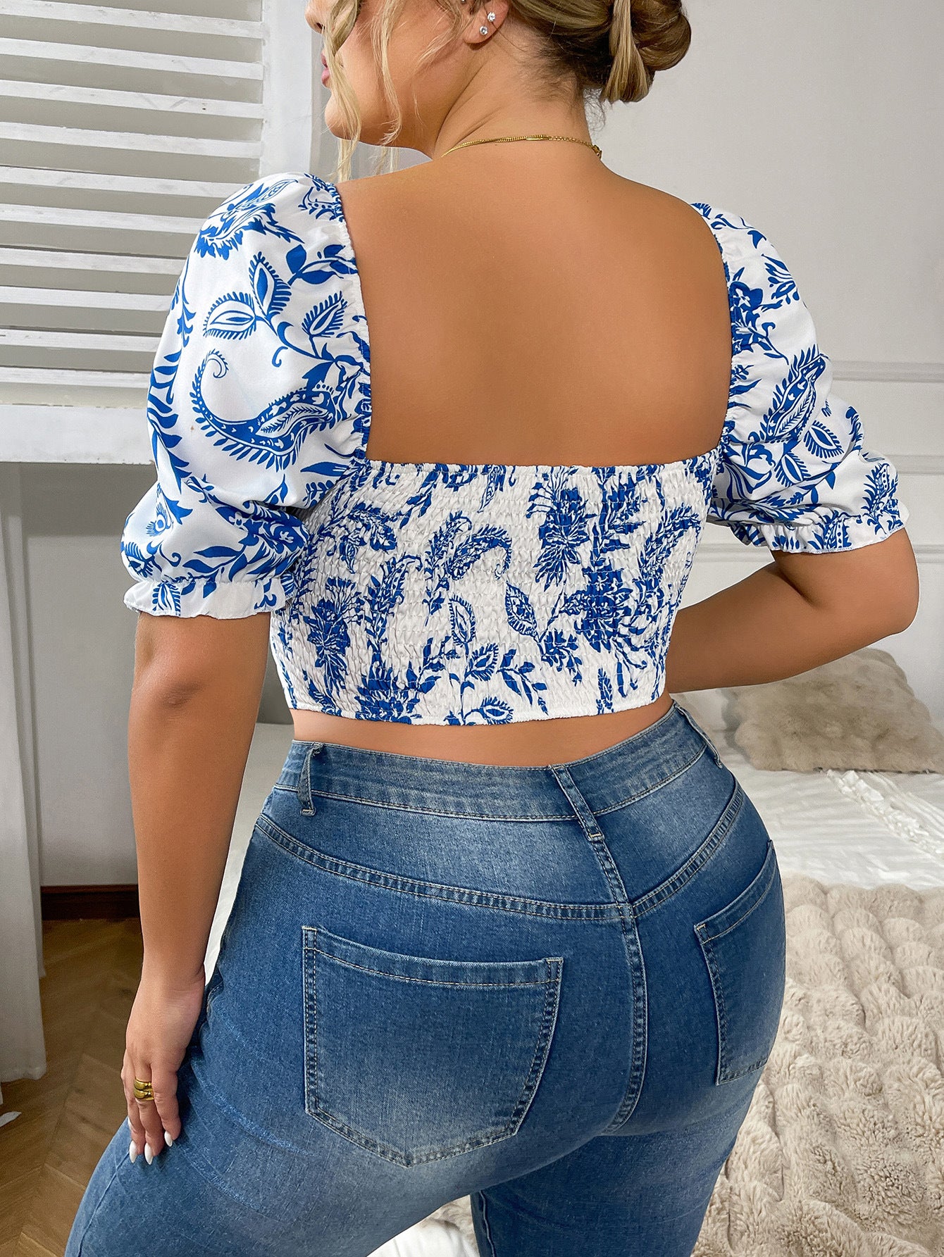 Plus Size Girl Floral Print Puff Sleeve Floral Short Sleeve Slim Top