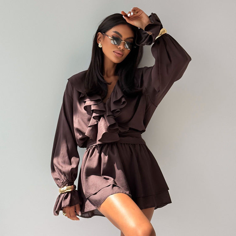 Villa Mella French Elegant Ruffled V neck Flared Sleeves High Waist A line Dress