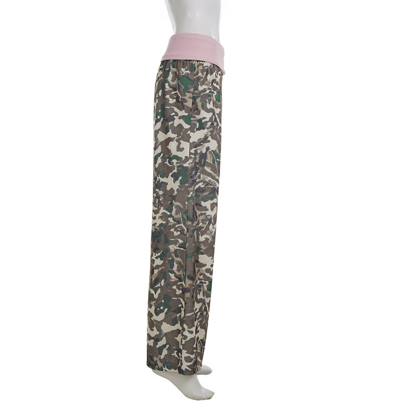 Retro Casual Camouflage Waist Contrast Color Trousers Women Street Sweet Spicy Loose Draggle Tail Straight Trousers
