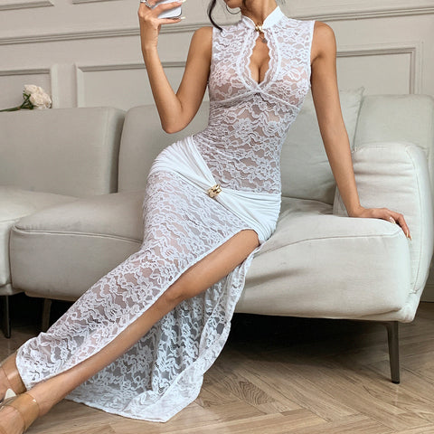 Kissimmee Arrival Sexy Lace Hollow Out Cutout High Slit Slim Sleeveless Dress