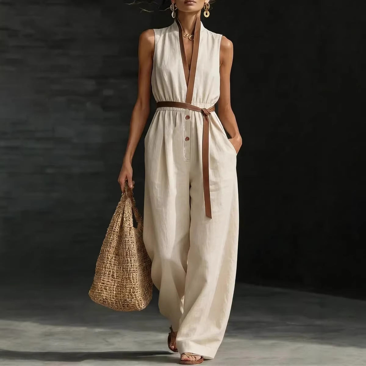 Sleeveless Jumpsuit V neck Women Wear