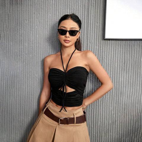 Women Solid Tied Cropped Backless Strap