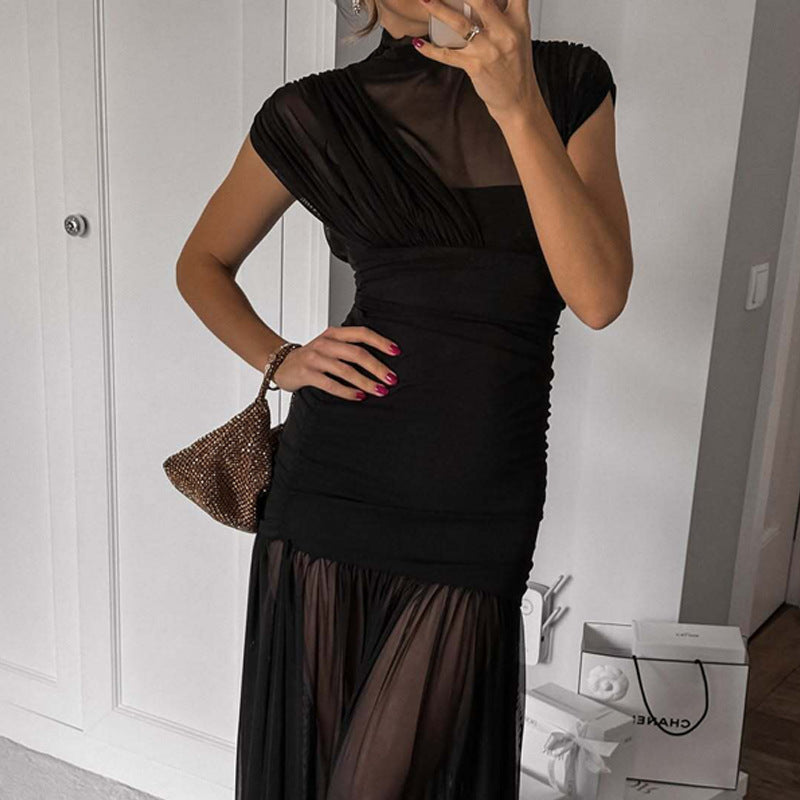 El Seibo Sexy Socialite Tight Waist Close Fitting Stitching Gauzy Hip Maxi Dress