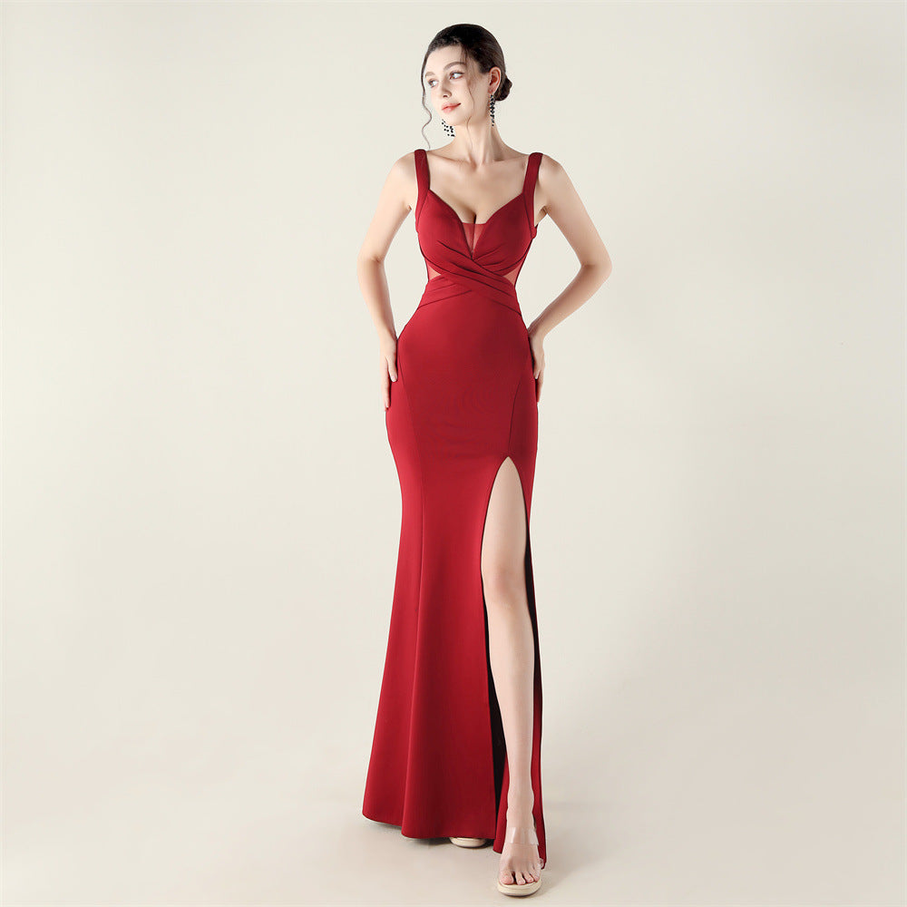 La Mara Cross Pleated Hollow Out Cutout Mesh Deep V Plunge neck Evening Dress