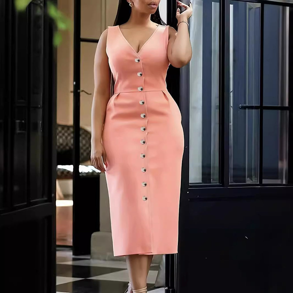 Plus Size Women Clothing Spring Summer Elegant V neck Skin Color Solid Color Jumpsuit Sheath