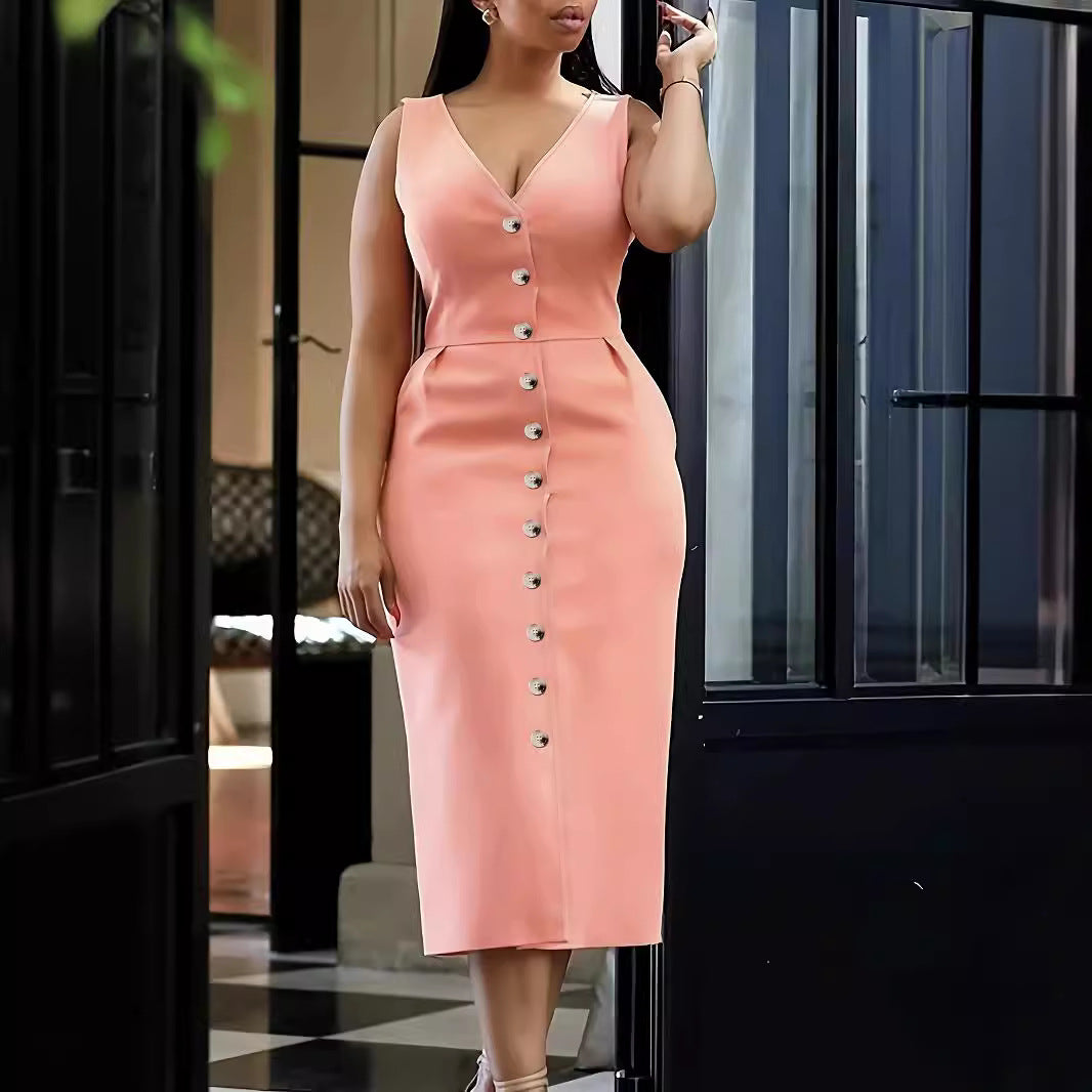 Plus Size Women Clothing Spring Summer Elegant V neck Skin Color Solid Color Jumpsuit Sheath