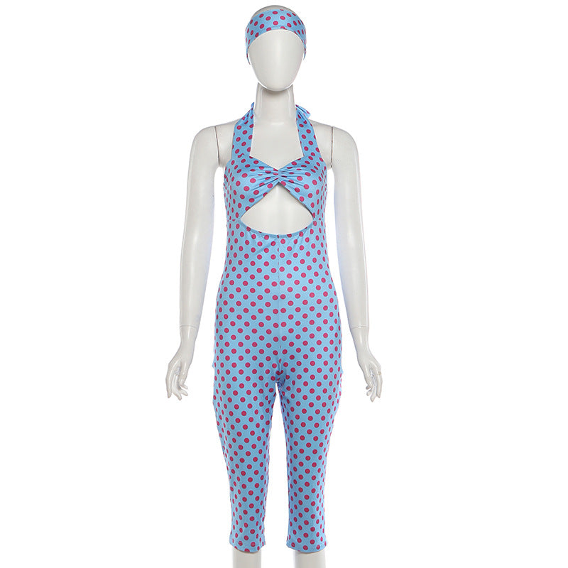 Summer Women Clothing Halter Backless Sexy Cutout Polka Dot Print Five Point Jumpsuit