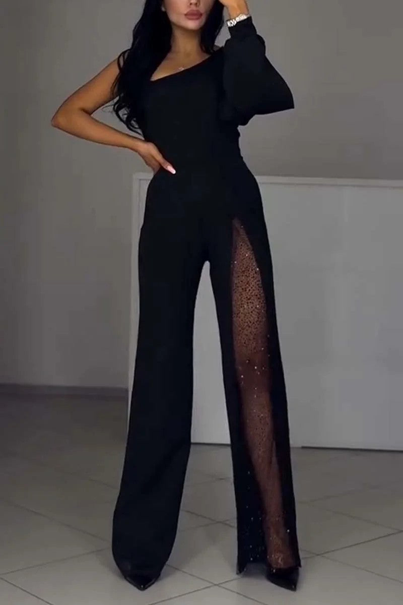 New Fall Winter Sexy Oblique Shoulder High Slit Women Jumpsuit