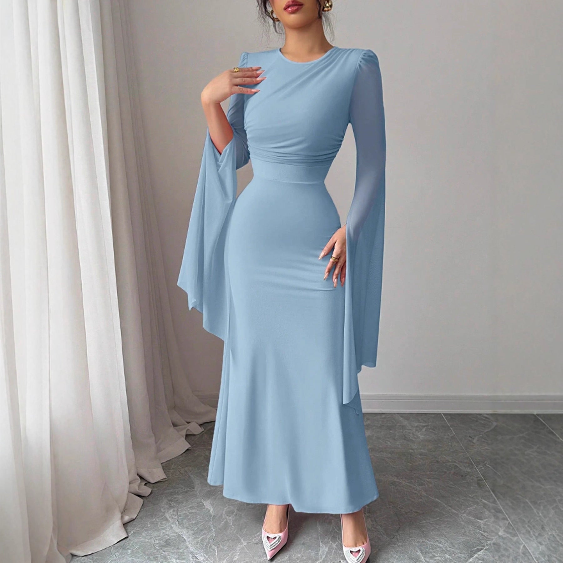 Stitching Mesh Large Swing Sleeves Sexy Slim Fit Fishtail Dress
