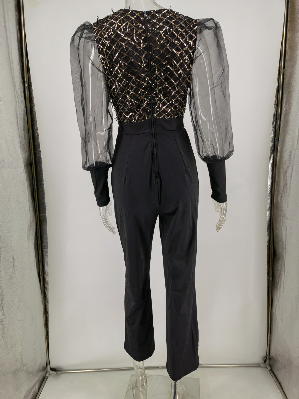 Sexy Retro Mesh Long Sleeve Stitching Jumpsuit Women Clothing